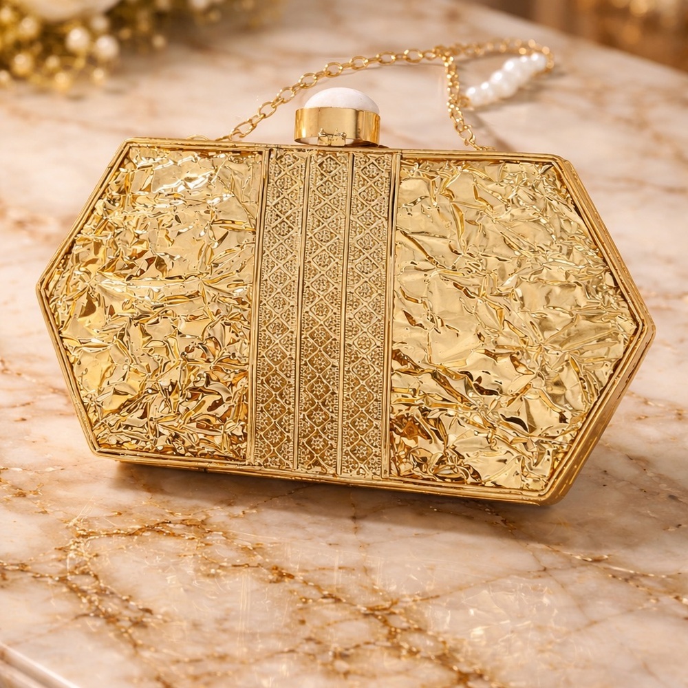 Gold Floral Pearl-Embellished Evening Clutch - Picture 2 of 7